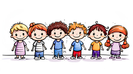 A row of six cheerful doodle-style children in a simple outline format.




