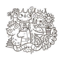 Coloring book antistress with funny creatures. Doodle print with fantasy characters, cats and birds. Line art poster. Illustration for children.