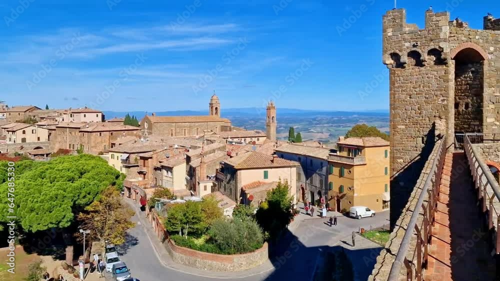 Poster Montalcino - scenic medieval town in Tuscany. 4k video  from fortified wall of the castle. Italy