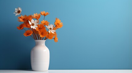 A white vase filled with vibrant orange and white flowers, adding a pop of color to any interior design