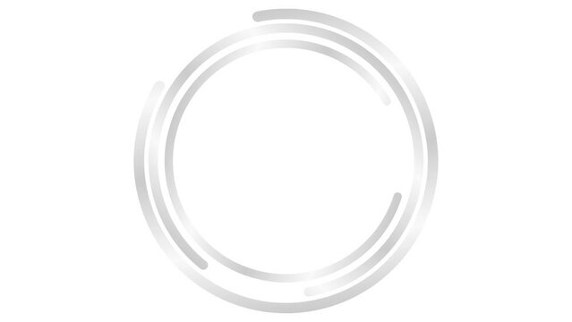 Animated silver circular frame spins. Linear symbol rotates. Copy space for text. Vector illustration isolated on white background.
