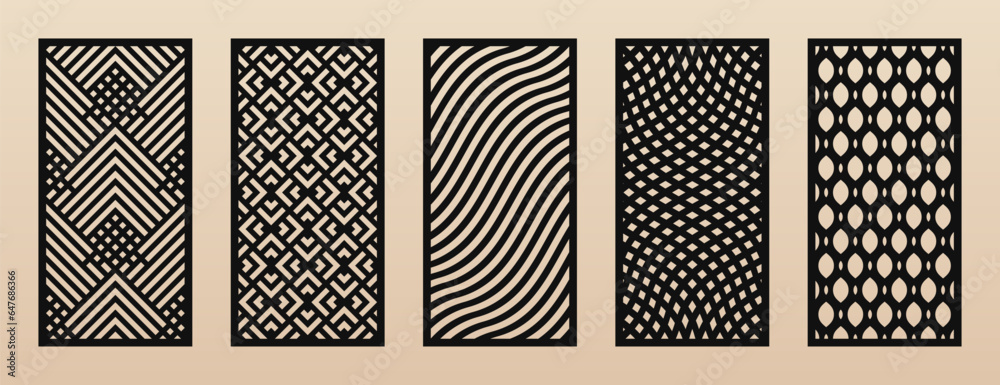 Fototapete Laser cut patterns set. Vector collection of rectangular cutting templates with abstract geometric ornament, lines, stripes, mesh, grid, lattice. Decorative stencil for CNC cutting. Aspect ratio 1:2
