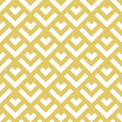 Golden vector geometric seamless pattern with lines, arrows, squares, rhombuses, grid, lattice. Luxury abstract gold graphic ornament. Modern minimal background texture. Elegant repeated geo design