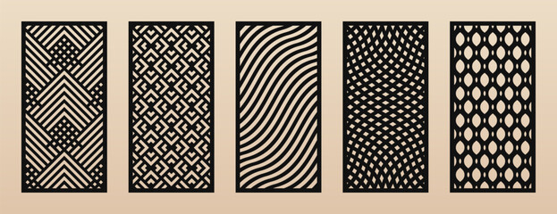 Laser cut patterns set. Vector collection of rectangular cutting templates with abstract geometric ornament, lines, stripes, mesh, grid, lattice. Decorative stencil for CNC cutting. Aspect ratio 1:2