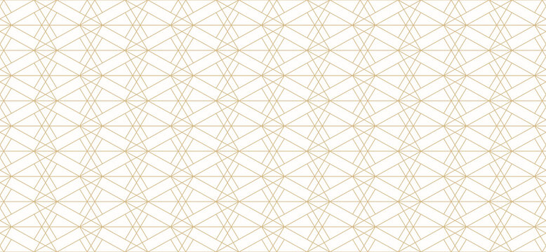 Golden line pattern. Subtle vector geometric seamless texture with delicate grid, thin lines, diamonds, triangles. Abstract gold and white background. Art deco style ornament. Luxury minimal design