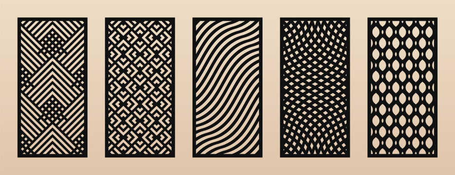 Laser cut patterns set. Vector collection of rectangular cutting templates with abstract geometric ornament, lines, stripes, mesh, grid, lattice. Decorative stencil for CNC cutting. Aspect ratio 1:2