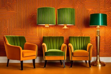 green chairs and lamp on brown wall background