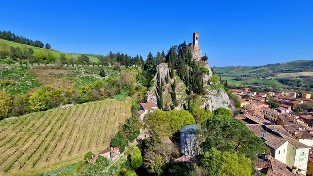 one of the most beautiful medieval villages of Italy, Emilia romagna region- Brisighella in Ravenna province, panoramic 4k view of the castle and clock tower