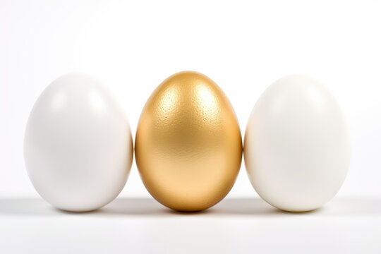 One golden egg between two white eggs.