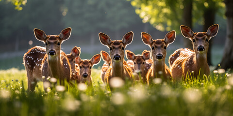 Herd of Whitetail Deer in a Field with Dandelions Captivating Herd of Whitetail Deer Grazing in a...