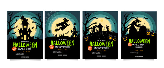 Halloween party invitations or greeting cards set with handwritten text, zombies, pumpkins, witches, graves and bats