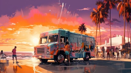 beer truck with basketball hoop on top at beach Generative AI
