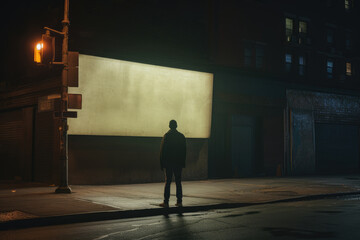 blank billboard on empty night city street with man silhouette