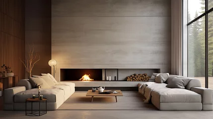 Zelfklevend Fotobehang Design de interiores de estilo minimalista da moderna sala de estar com lareira e paredes de concreto © Alexandre