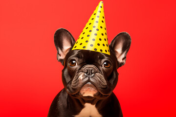 French bulldog wearing party cone with colorful background