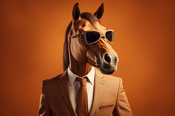 Creative horse dreessing nice suit in portrait style. - obrazy, fototapety, plakaty
