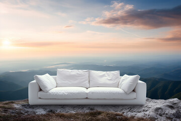 Creative white modern sofa furniture on the mountain.