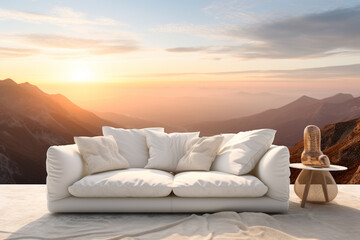 Fototapeta na wymiar Creative white modern sofa furniture on the mountain.