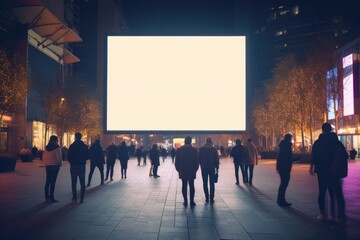 many people looking at blank LED billboard mockup in night city street - obrazy, fototapety, plakaty