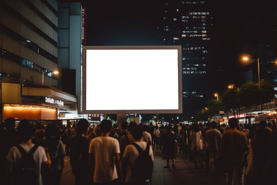 many people looking at blank LED billboard mockup in night city street