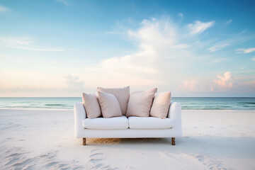Fototapeta na wymiar Creative modern luxury sofa furniture on the sand beach with the sea background.
