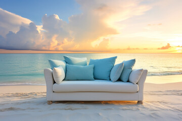 Fototapeta na wymiar Creative modern luxury sofa furniture on the sand beach with the sea background.