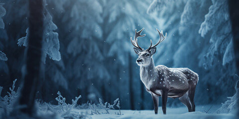 Beautiful reindeer standing in a clearing of a dark snowy forest