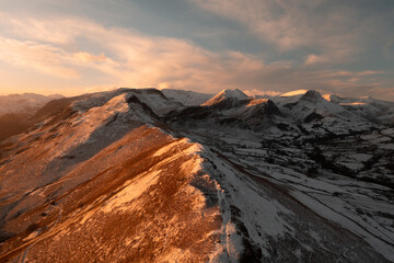 Winter Sunrise in the Lake District, Keswick, UK. Aerial Photo