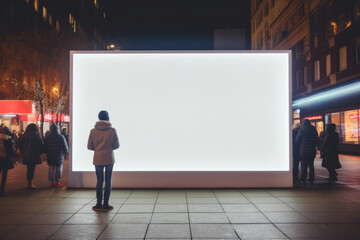 person looking at blank LED billboard mockup in night city