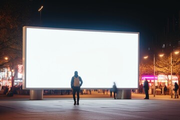 Naklejka premium person looking at blank LED billboard mockup in night city
