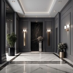 entrance hall with two elevators black and white Generative AI