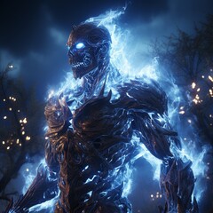 A terrible and mysterious Monster exuding mysterious energy. A formidable creature consisting of lightning flashes bright blue sprites in the night, Cinematic, Hyper - detailed, vivid colors