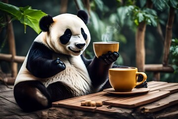 cup of tea on the table, panda and jungle