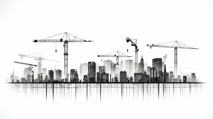 Silhouetted Cityscape: Construction Cranes Towering over Urban Structures on a White Canvas. Generative ai