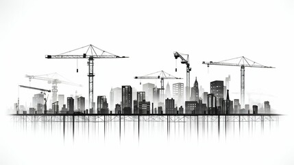 Obraz premium Silhouetted Cityscape: Construction Cranes Towering over Urban Structures on a White Canvas. Generative ai