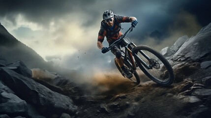Adventurous Cyclist Tackling a Rugged Mountain Trail. Generative ai