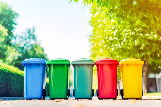 Front view of colorful trash bins at street on green landscape background. Separate and sorting garbage. Recycling and storage of waste for further disposal, trash sorting concept