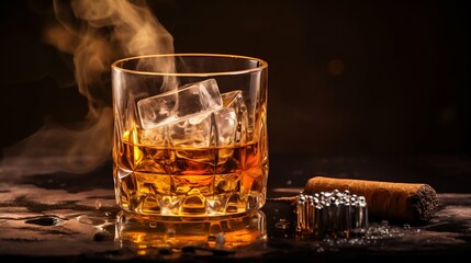 Savoring Moments: Whiskey on the Rocks Paired with a Smoldering Cuban Cigar. Generative ai