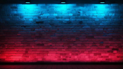 Fotobehang Luz neon nas paredes de tijolos. Efeito de iluminação fundo neon vermelho e azul © Alexandre