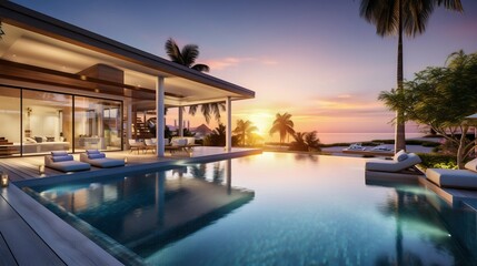 Fototapeta na wymiar Opulent Villa Resort Featuring a Contemporary Pool at Dawn. Generative ai