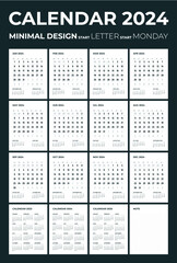 Modern monthly calendar and note for 2024, the week starts on Monday, calendar in the style of minimalist design, letter (8.5" x 11") size.