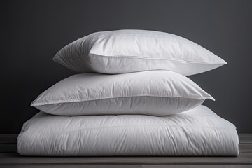 A set of white duvet and two pillows neatly folded against a dark background.