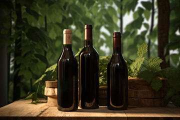 Bottles of red wine on a wooden table in a vineyard against a background of grapevines, symbolizing a celebration of nature and the harvest in a traditional European setting.