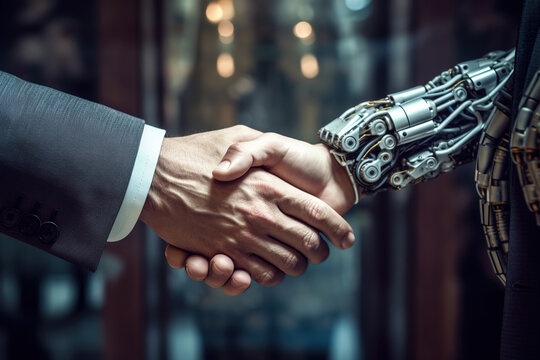 Illustration robots shake hands with humans