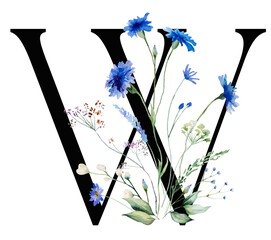 Black letter W with watercolor blue cornflowers and wildflowers bouquet, Summer wedding element