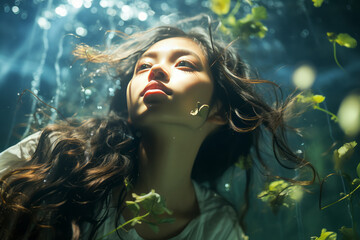 Peaceful Asian teen girl floats underwater, her face gently lit by a glow from below, depicting tranquility and introspection.