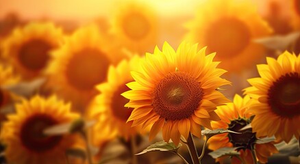 Fototapeta premium Beautiful big yellow sunflowers in the field