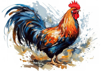 Image of beautiful colorful painting of a rooster. Farm animals. Illustration, Generative AI.