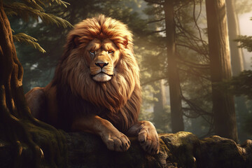 Image of a lion in the forest, Wildlife Animals., Generative AI, Illustration.