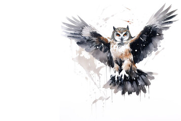 Image of painting owl is flying on white background. Birds. Wildlife Animals. Illustration, Generative AI.